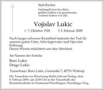 Traueranzeige von Vojislav Lukic von Tageszeitung