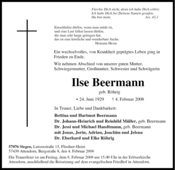 Traueranzeige von Ilse Beermann von Tageszeitung
