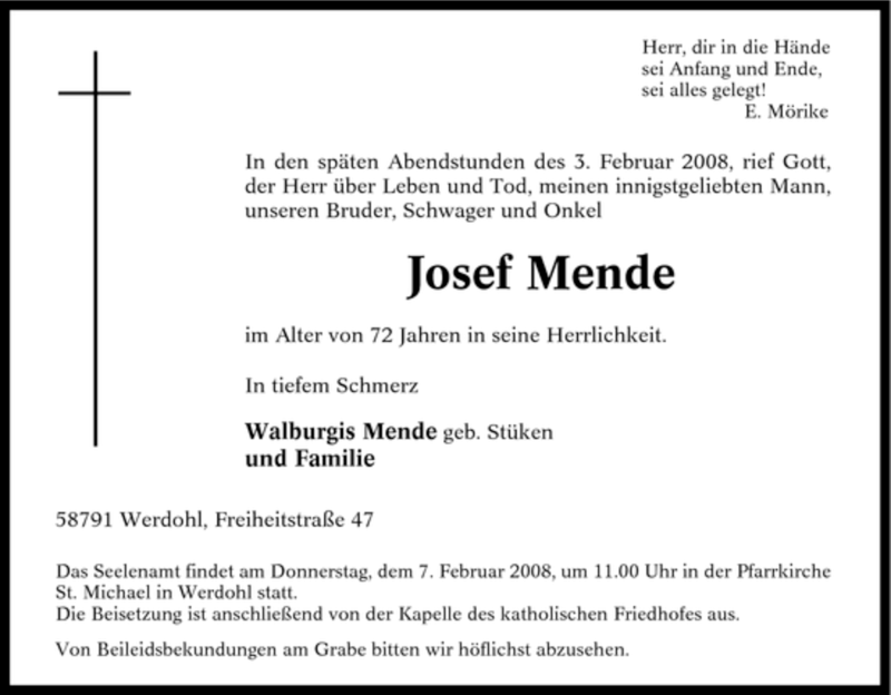  Traueranzeige für Josef Mende vom 05.02.2008 aus Tageszeitung