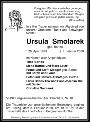 Traueranzeige von Ursula Smolarek von Tageszeitung