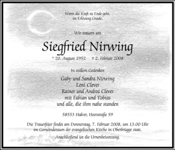 Traueranzeige von Siegfried Nirwing von Tageszeitung