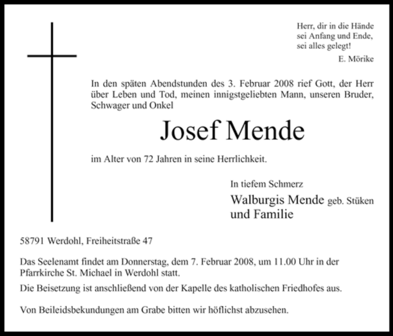 Traueranzeige für Josef Mende vom 05.02.2008 aus Tageszeitung