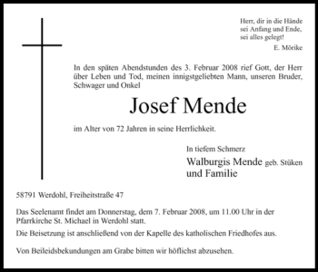 Traueranzeige von Josef Mende von Tageszeitung