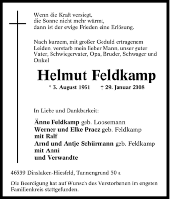 Traueranzeige von Helmut Feldkamp von Tageszeitung