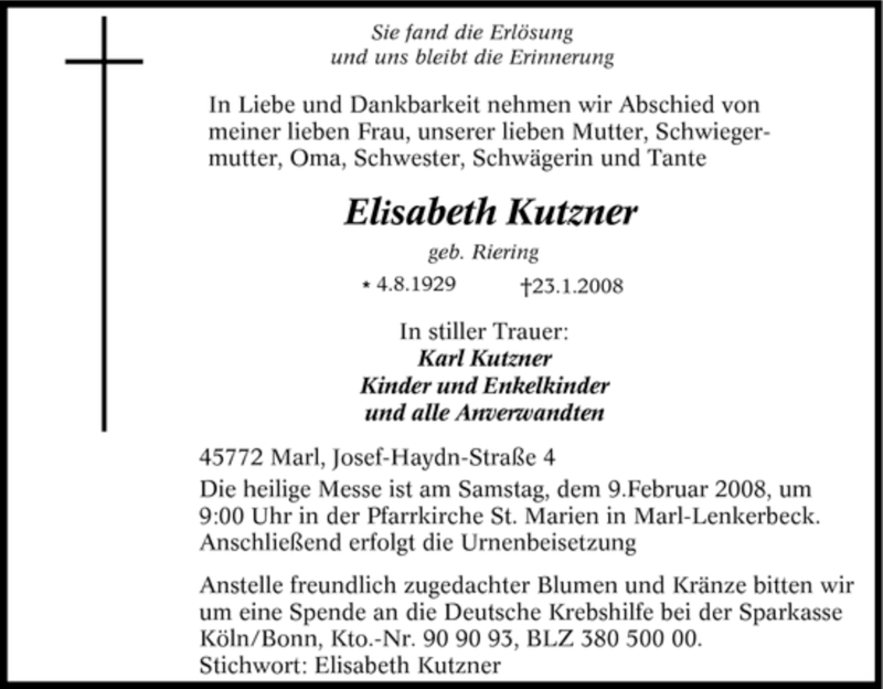  Traueranzeige für Elisabeth Kutzner vom 06.02.2008 aus Tageszeitung