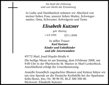 Traueranzeige von Elisabeth Kutzner von Tageszeitung