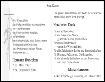 Traueranzeige von Hermann Hunecken von Tageszeitung