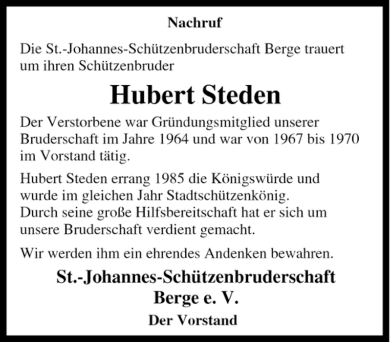  Traueranzeige für Hubert Steden vom 06.02.2008 aus Tageszeitung