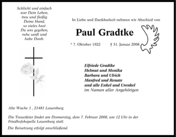 Traueranzeige von Paul Gradtke von Tageszeitung