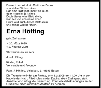 Traueranzeige von Erna Hötting von Tageszeitung