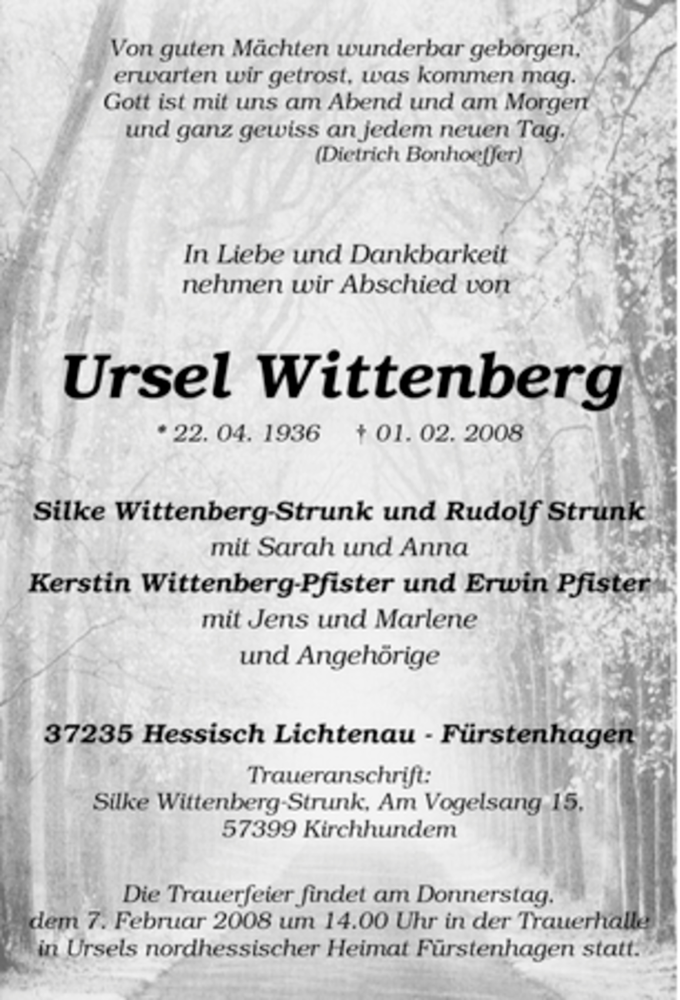  Traueranzeige für Ursel Wittenberg vom 06.02.2008 aus Tageszeitung