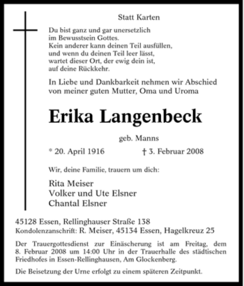 Traueranzeige von Erika Langenbeck von Tageszeitung