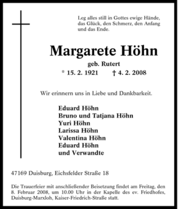Traueranzeige von Margarete Höhn von Tageszeitung