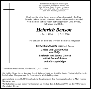 Traueranzeige von Heinrich Benson von Tageszeitung