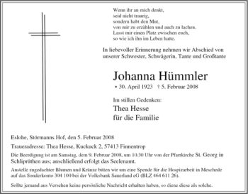 Traueranzeige von Johanna Hümmler von Tageszeitung
