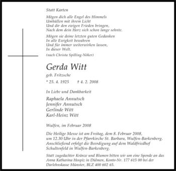 Traueranzeige von Gerda Witt von Tageszeitung