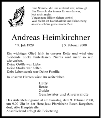 Traueranzeige von Andreas Heimkirchner von Tageszeitung