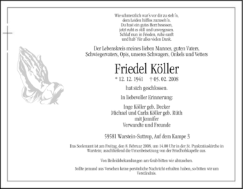 Traueranzeige von Friedel Köller von Tageszeitung