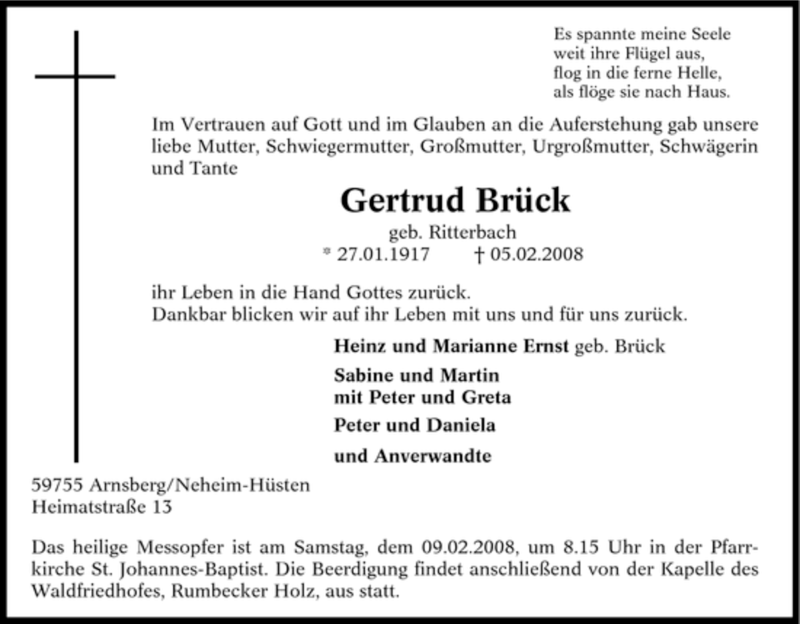  Traueranzeige für Gertrud Brück vom 06.02.2008 aus Tageszeitung