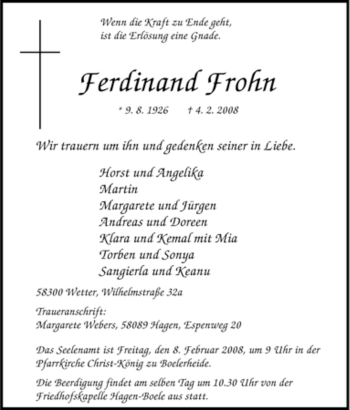 Traueranzeige von Ferdinand Frohn von Tageszeitung