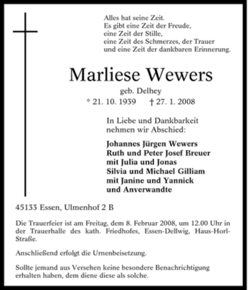 Traueranzeige von Marliese Wewers von Tageszeitung