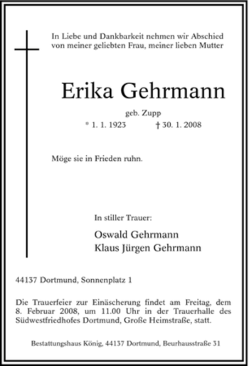 Traueranzeige von Erika Gehrmann von Tageszeitung