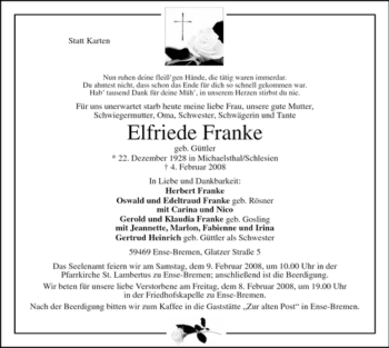 Traueranzeige von Elfriede Franke von Tageszeitung