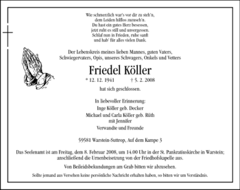 Traueranzeige von Friedel Köller von Tageszeitung