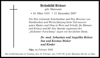 Traueranzeige von Brünhild Brüser von Tageszeitung