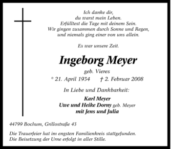 Traueranzeige von Ingeborg Meyer von Tageszeitung