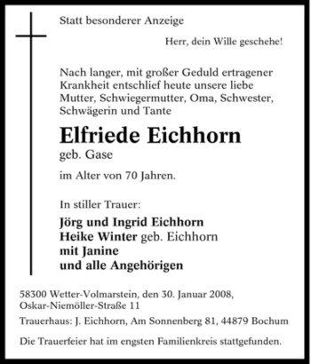 Traueranzeige von Elfriede Eichhorn von Tageszeitung