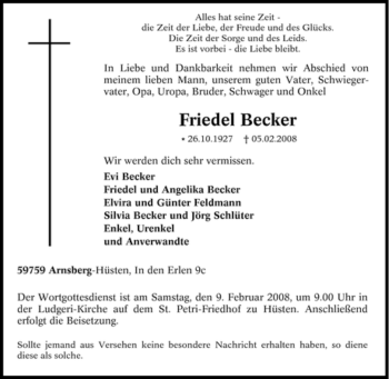 Traueranzeige von Friedel Becker von Tageszeitung