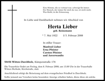 Traueranzeige von Herta Lieber von Tageszeitung