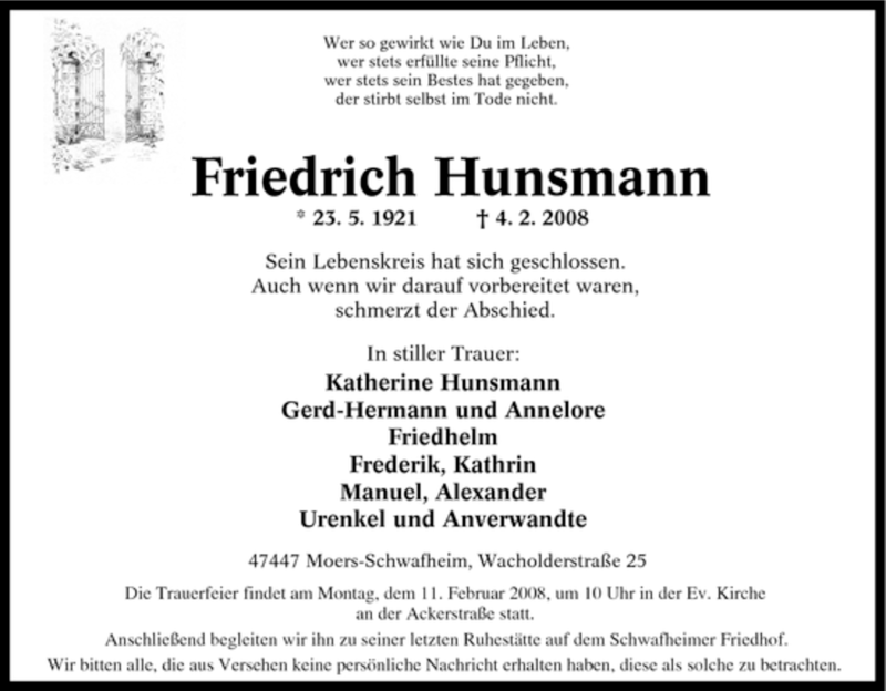  Traueranzeige für Friedrich Hunsmann vom 07.02.2008 aus Tageszeitung