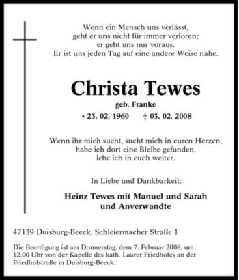 Traueranzeige von Christa Tewes von Tageszeitung