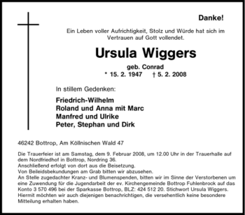 Traueranzeige von Ursula Wiggers von Tageszeitung