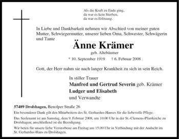 Traueranzeige von Änne Krämer von Tageszeitung