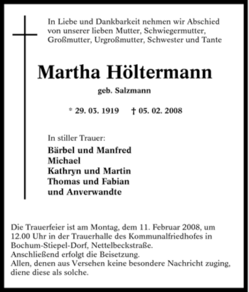 Traueranzeige von Martha Höltermann von Tageszeitung
