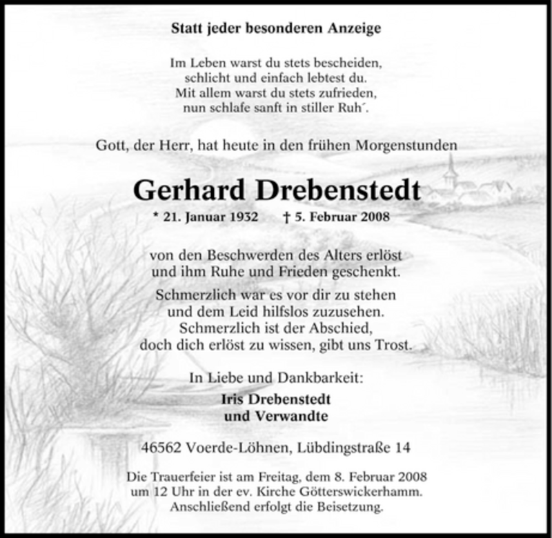  Traueranzeige für Gerhard Drebenstedt vom 07.02.2008 aus Tageszeitung