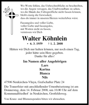 Traueranzeige von Walter Köhnlein von Tageszeitung
