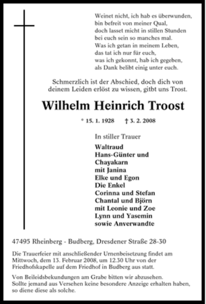  Traueranzeige für Wilhelm Heinrich Troost vom 07.02.2008 aus Tageszeitung