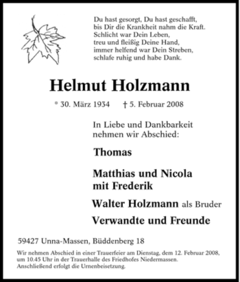 Traueranzeige von Helmut Holzmann von Tageszeitung