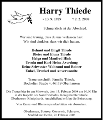 Traueranzeige von Harry Thiede von Tageszeitung