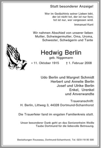 Traueranzeige von Hedwig Berlin von Tageszeitung