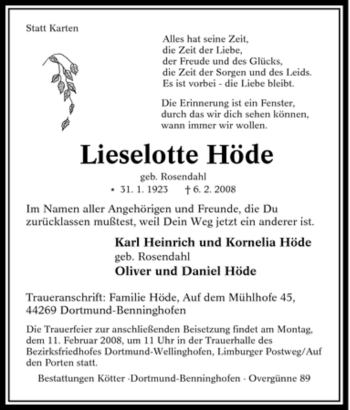 Traueranzeige von Lieselotte Höde von Tageszeitung