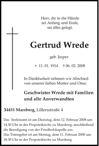 Traueranzeige von Gertrud Wrede von Tageszeitung