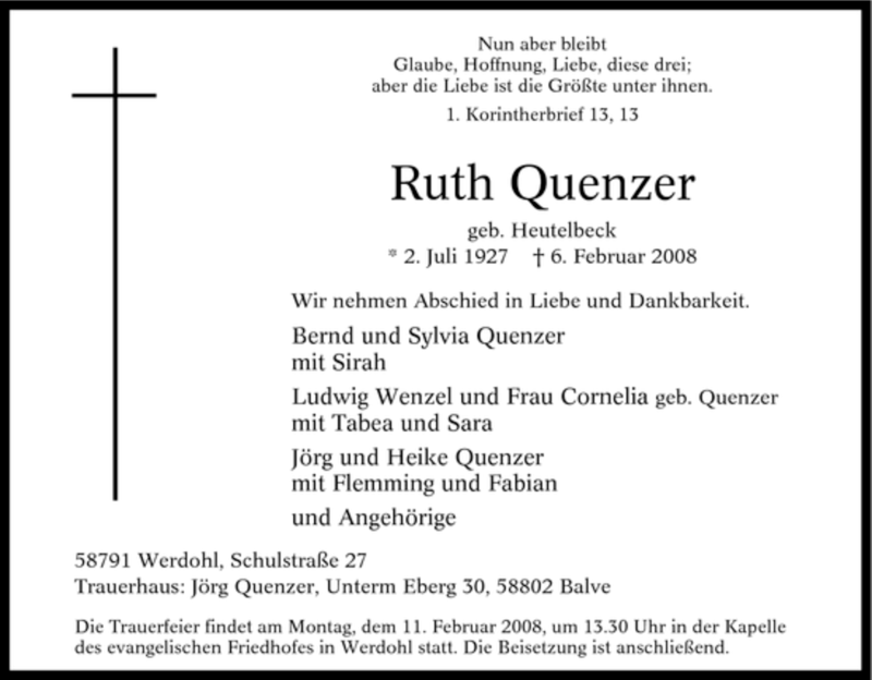  Traueranzeige für Ruth Quenzer vom 08.02.2008 aus Tageszeitung