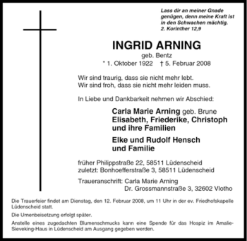 Traueranzeige von Ingrid Arning von Tageszeitung