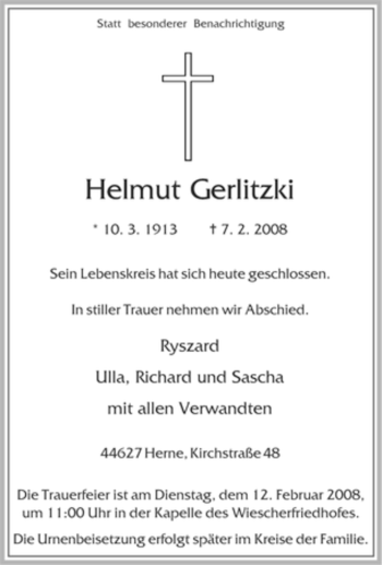 Traueranzeige von Helmut Gerlitzki von Tageszeitung