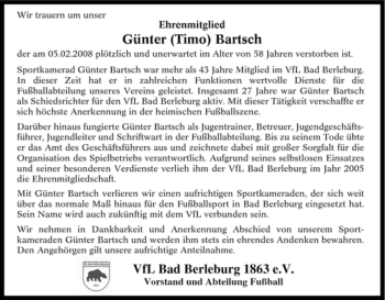 Traueranzeige von Günter Bartsch von Tageszeitung
